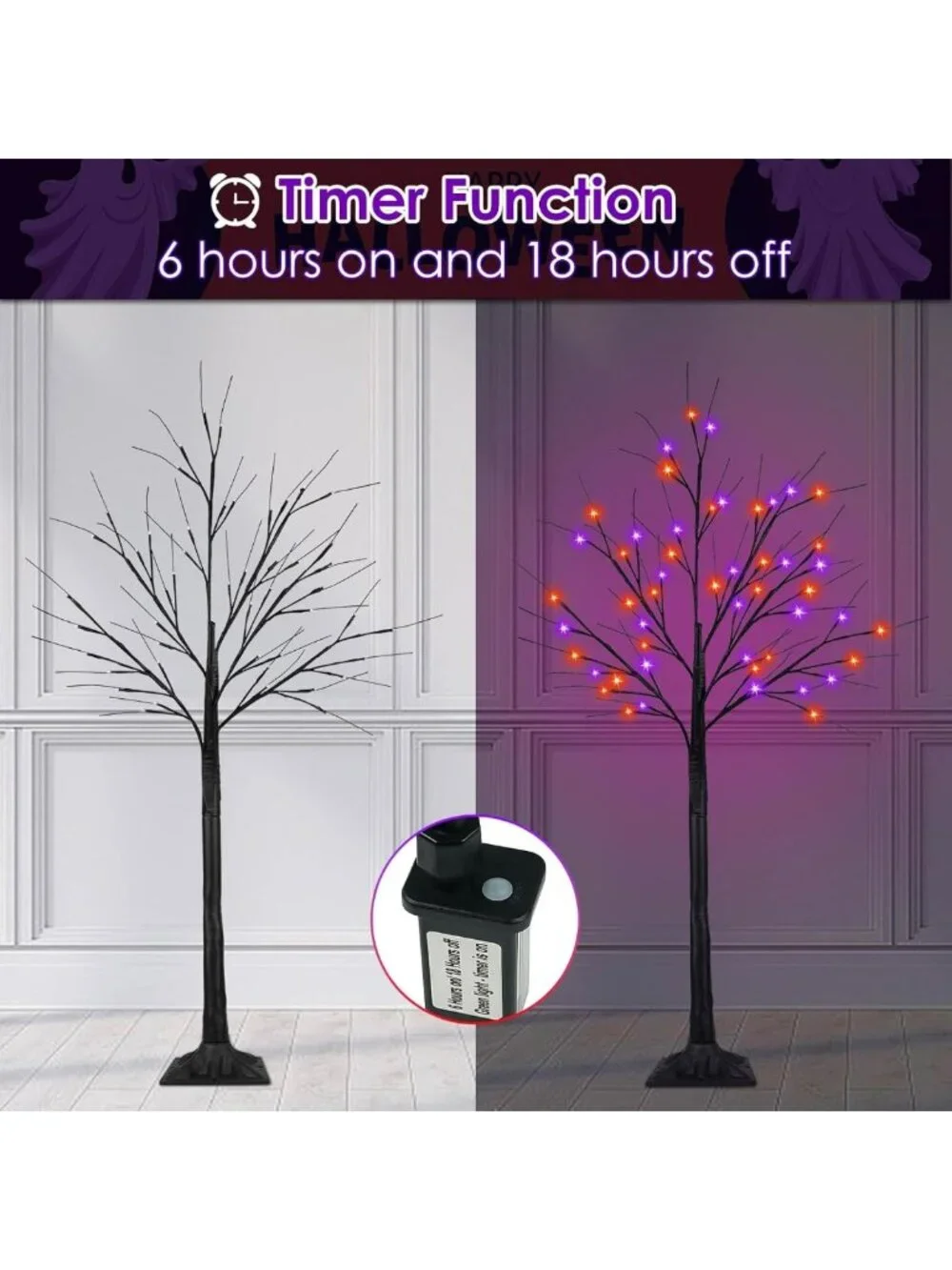 2 Pack 4FT Black Halloween Tree with 100 LED Orange & Purple Lights - Spooky